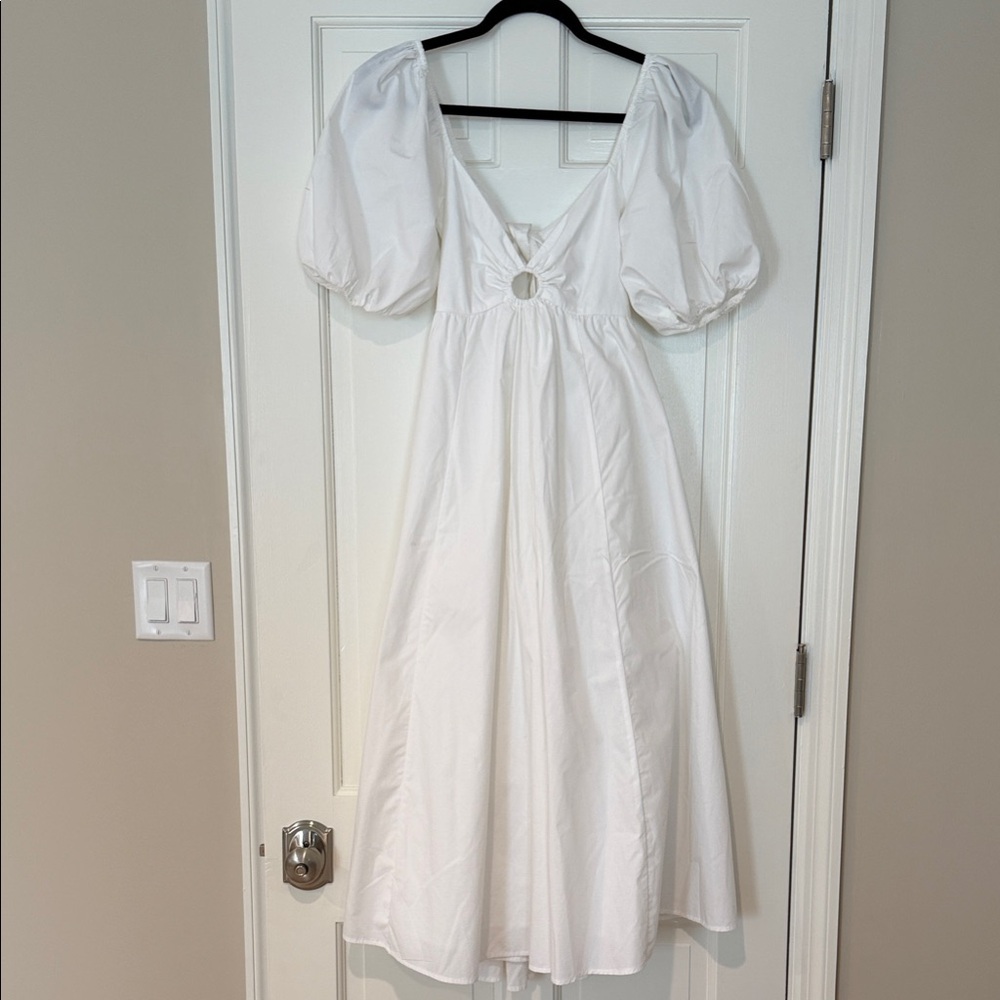 White Puff-Sleeve Midi Dress with Ring Detail